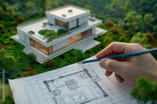 Explore modern architectural blueprint for a futuristic house set in natural surroundings photo