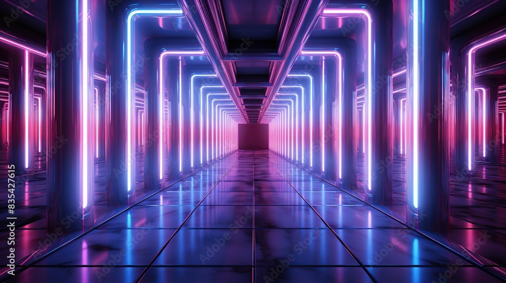 Abstract Futuristic Technology Concept Illustration. Neon Hexagon Tunnel modern background. Thin line Abstract Futuristic Technology Concept Illustration. Neon Hexagon Tunnel modern background. Thin line