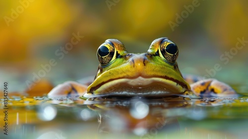A frog peers from the water