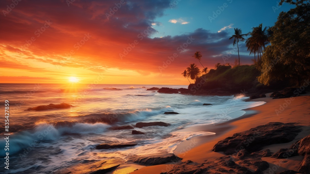 Obraz premium Breathtaking Tropical Beach Sunset with Waves, Palm Trees, and Scenic Shoreline