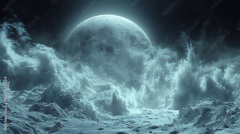 detailed view of the icy plumes erupting from Triton within the Solar System Neptune's largest moon against the backdrop of Neptune itself detailed view of the icy plumes erupting from Triton within the Solar System Neptune's largest moon against the backdrop of Neptune itself