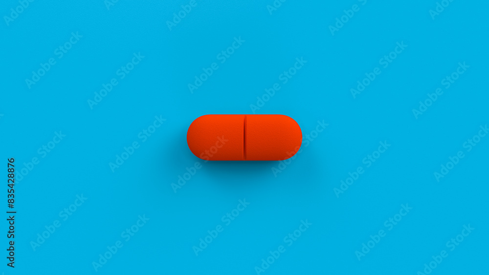 Red single pill isolated on a blue background. Tablet, pill capsule top view, flat lay. 3d render illustration Red single pill isolated on a blue background. Tablet, pill capsule top view, flat lay. 3d render illustration