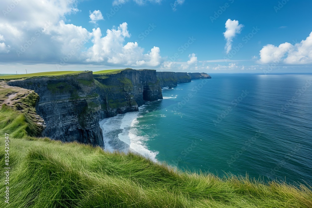 Breathtaking view of the Cliffs of Moher in Ireland on a sunny day. Towering cliffs rise up from the Atlantic Ocean Breathtaking view of the Cliffs of Moher in Ireland on a sunny day. Towering cliffs rise up from the Atlantic Ocean