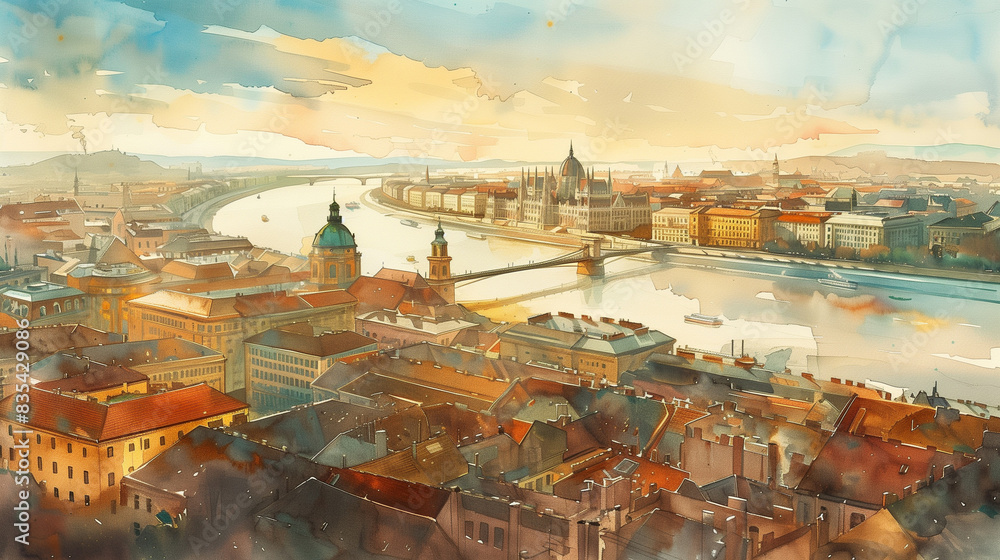 Obraz premium Watercolor art, Budapest city, Hungary