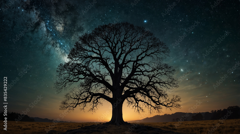 A tree in a field at night