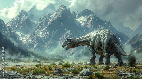 Diplodocus walking majestically through a valley with mountains in the distance