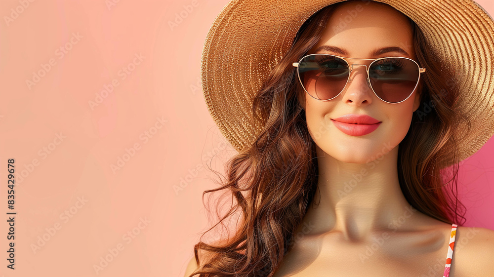 woman wearing a straw hat and sunglasses, posing against a pastel orance background banner with copy space woman wearing a straw hat and sunglasses, posing against a pastel orance background banner with copy space