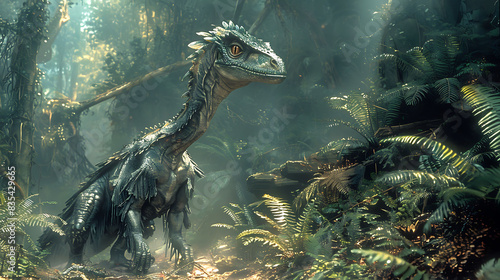 Dilophosaurus displaying its frill in a tropical rainforest with ferns and vines around it and other dinosaurs nearby