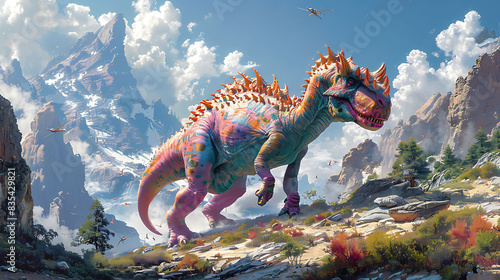 Dracorex exploring a colorful alienlike landscape with strange plants and rock formations and other dinosaurs nearby