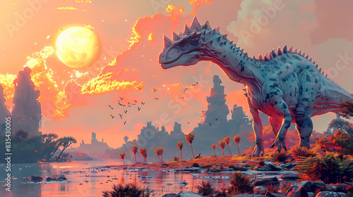 Dracorex exploring a colorful alienlike landscape with strange plants and rock formations and other dinosaurs nearby photo