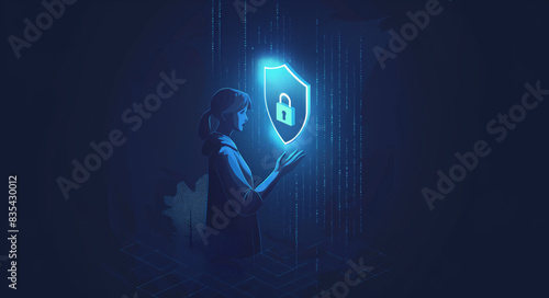 Futuristic cybersecurity with woman and digital shield lock for data protection