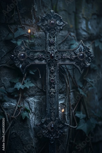 Ornate Gothic Cross on Ivy-Covered Wall