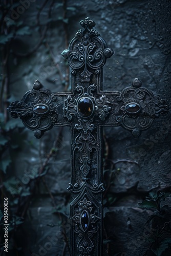 Ornate Gothic Cross on Ivy-Covered Wall