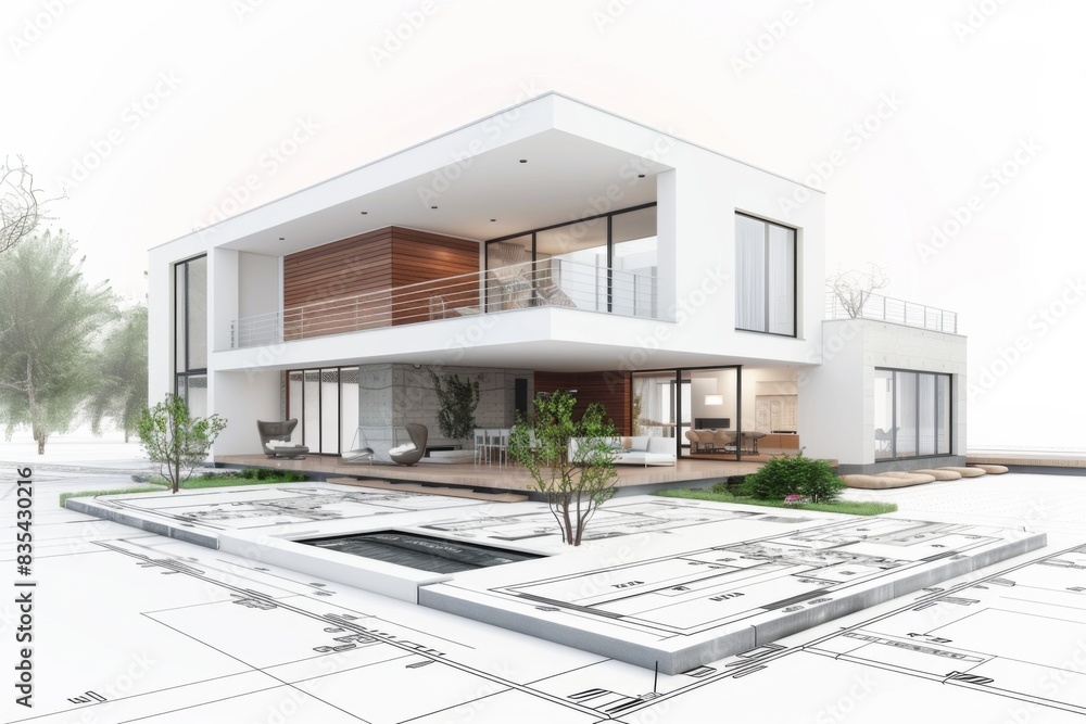 A contemporary house with sleek lines, glass walls, and detailed floor plans in a minimalist setting. A contemporary house with sleek lines, glass walls, and detailed floor plans in a minimalist setting.