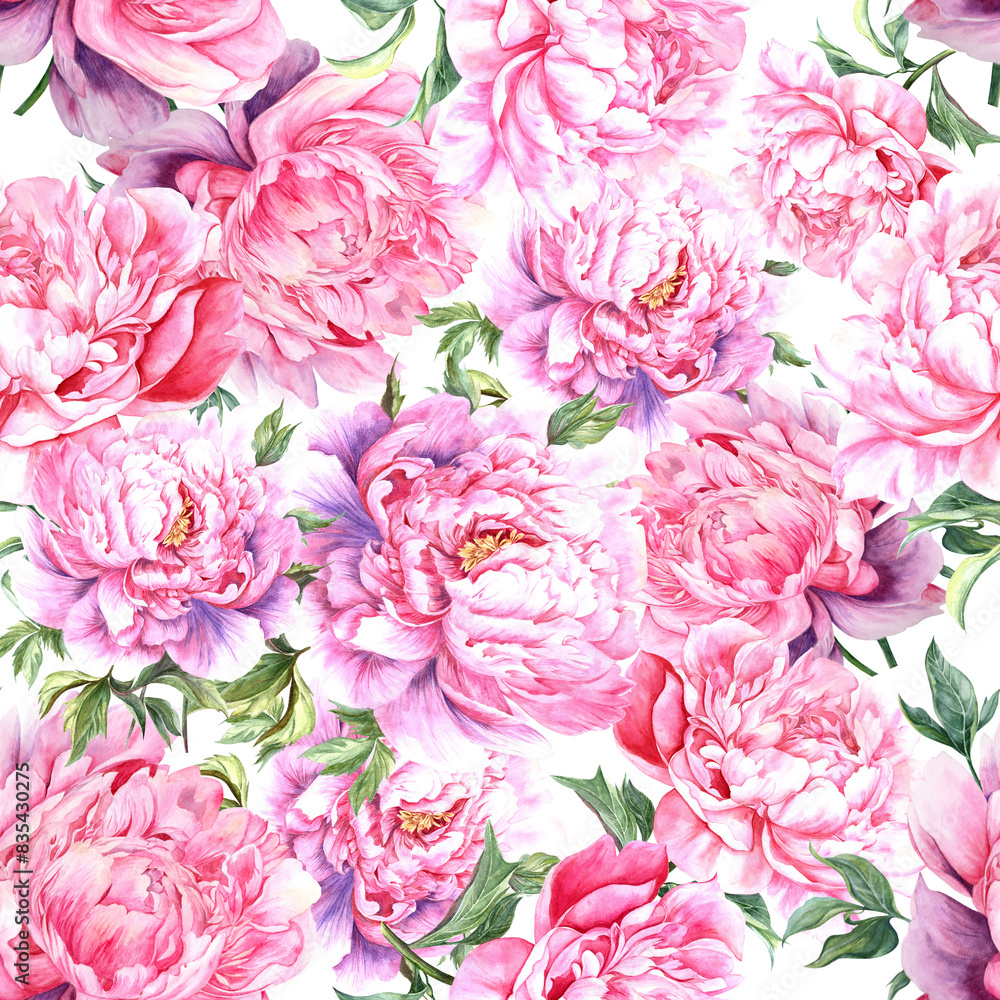 Seamless pattern of pink peonies on a white background, hand drawn in watercolor for designs of paper, packaging, textiles. Seamless pattern of pink peonies on a white background, hand drawn in watercolor for designs of paper, packaging, textiles.