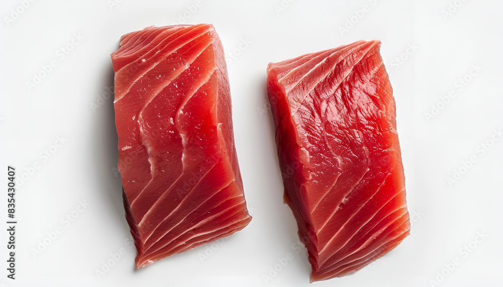Two raw tuna fillets on white background, top view Two raw tuna fillets on white background, top view