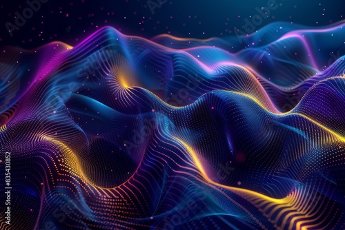 Abstract digital waves of light in blue  purple  and yellow hues  creating a dynamic and futuristic visual.