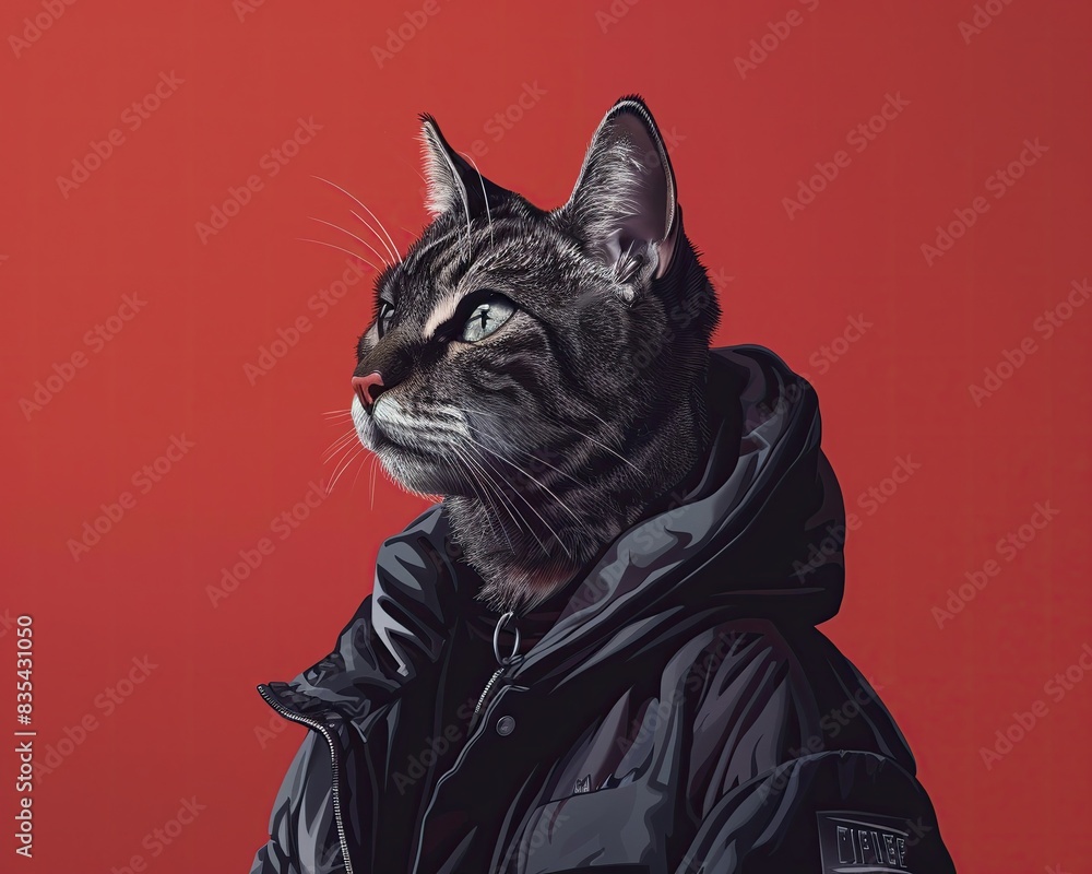Cat-like, human-like image with a gangster rap vibe. Cats wear fashionable streetwear clothes. hypebeast,style of streetwear Cat-like, human-like image with a gangster rap vibe. Cats wear fashionable streetwear clothes. hypebeast,style of streetwear