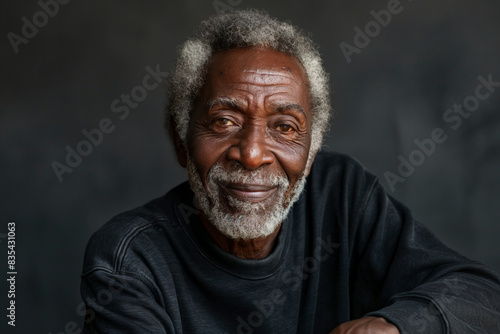 Portrait of a smiling elderly black man against blank dark grey background with copy space for ads