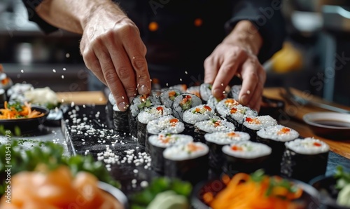professional chef hands preparing Sushi maki rolls and arrange and decorate it as a wide banner with copy space area for fine dining in Chinese or Japanese restaurant, Generative AI
