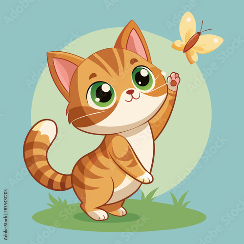 Image of a cute kitten catching a butterfly: a vector illustration that embodies spontaneity and playfulness.