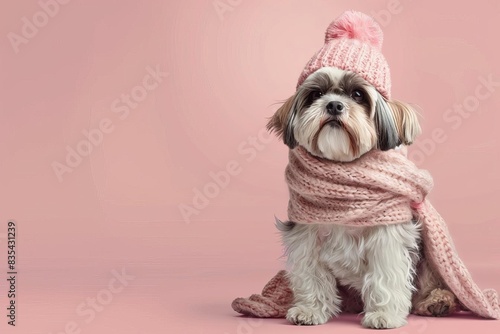 adorable shih tzu dog in warm winter clothing sitting happily on pastel background 3d render photo