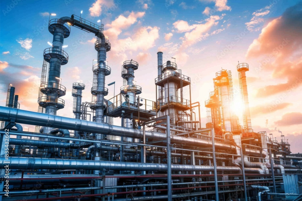 A modern industrial refinery with various pipes and towers at sunset, showcasing vibrant sky colors and metallic structures. A modern industrial refinery with various pipes and towers at sunset, showcasing vibrant sky colors and metallic structures.