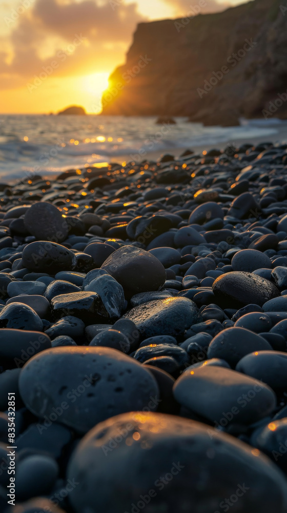 Obraz premium Sunset over rocky beach with wet pebbles