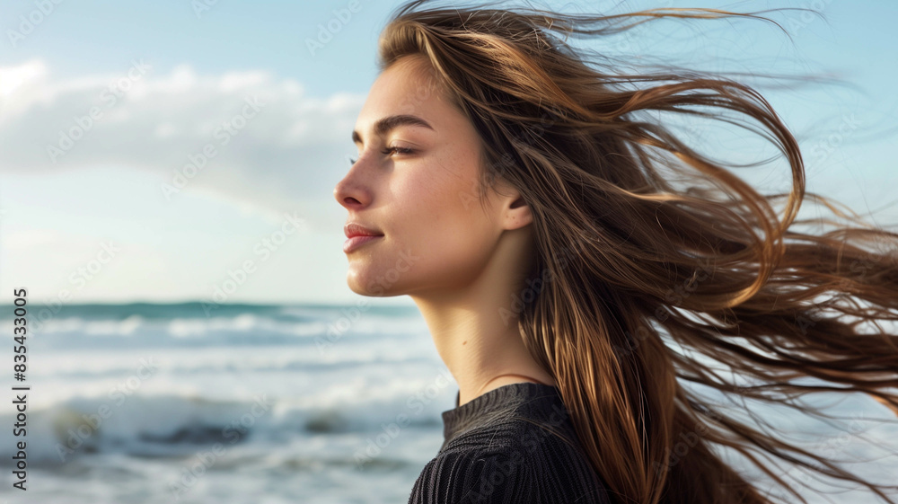 young woman with long, sleek brown hair enjoying a breezy day by the beach young woman with long, sleek brown hair enjoying a breezy day by the beach