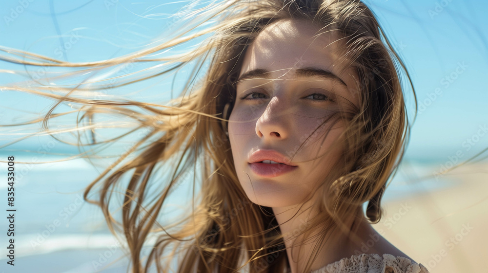 young woman with long, sleek brown hair enjoying a breezy day by the beach young woman with long, sleek brown hair enjoying a breezy day by the beach