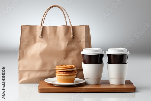 portrait Set of brown pocket bag, two coffee cups and concept design photo