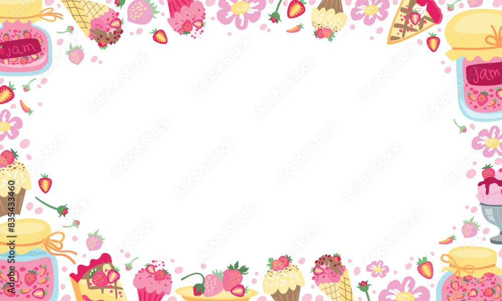 Strawberry sweets frame cartoon. Hand drawn template