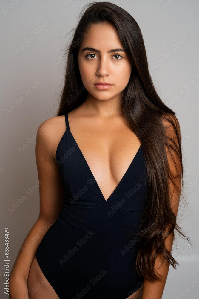 Naklejka premium Girl in black swimsuit on homogeneous light background