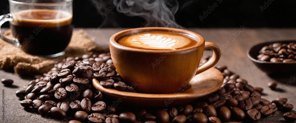 Hot coffee cup with and roasted beans. Generative AI Hot coffee cup with and roasted beans. Generative AI