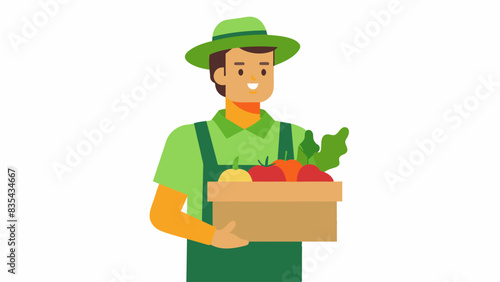 Smiling farmer wearing a green shirt and hat, holding a wooden box filled with fresh vegetables.