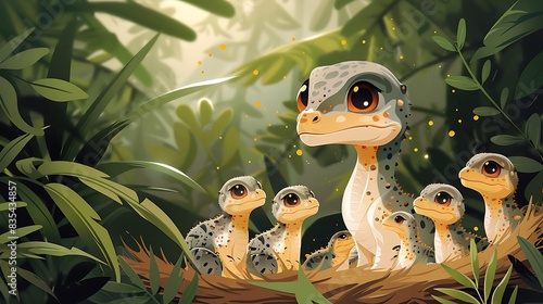 group of cute baby Maiasaura hatchlings learning from their parent in a nesting ground depicted in an infographic