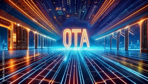 OTA over-the-air update illustration with written OTA in middle of data flow to upgrade a firmware background