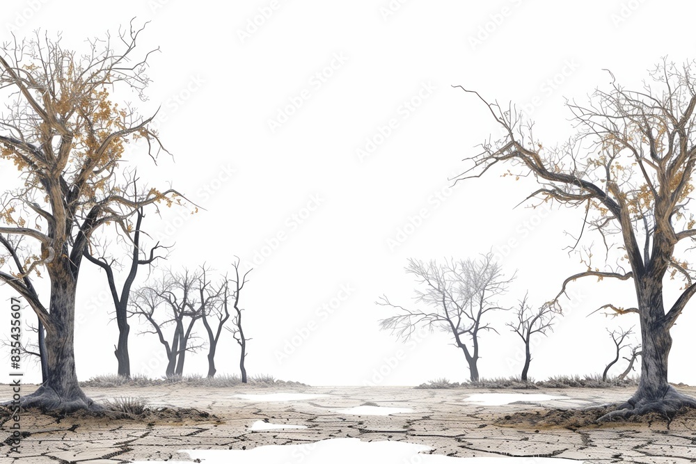 Deserted forest with dry dead trees standing on cracked ground on a white background Deserted forest with dry dead trees standing on cracked ground on a white background