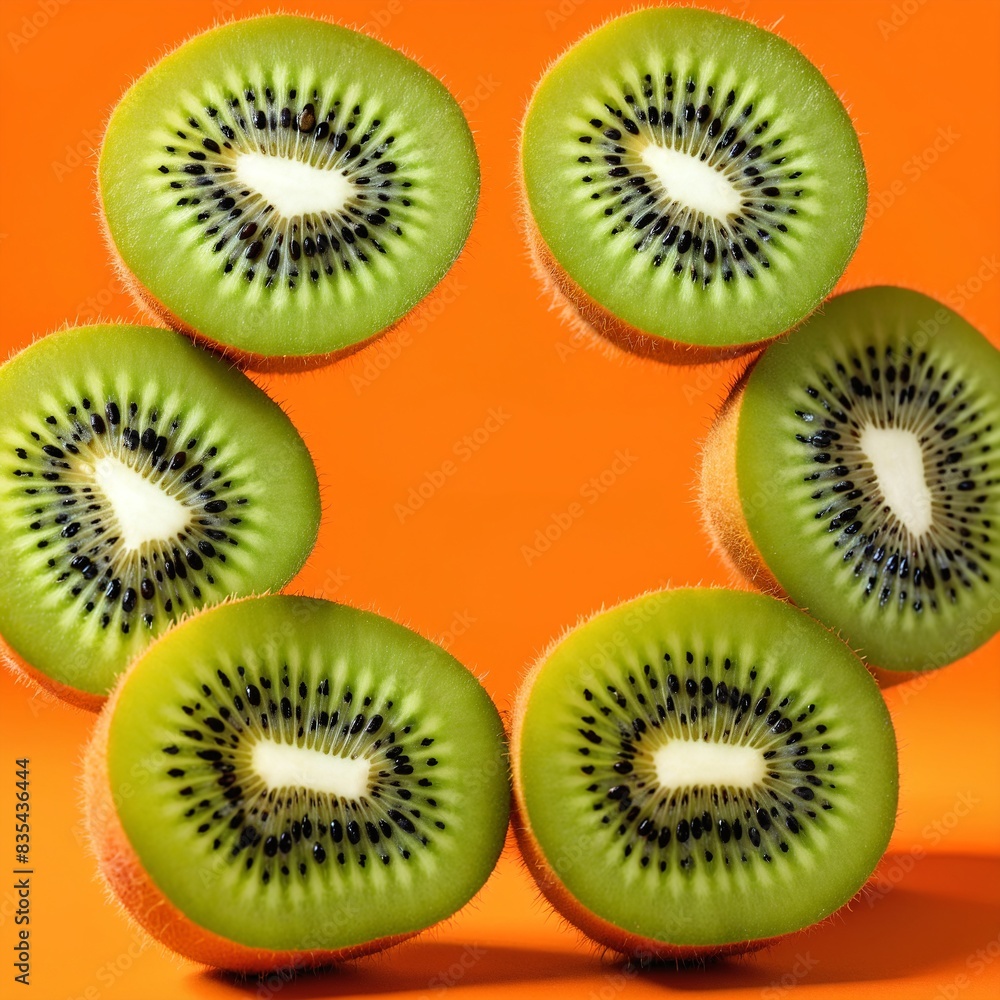 Fototapeta premium Sliced delicious ripe kiwi fruit on orange background