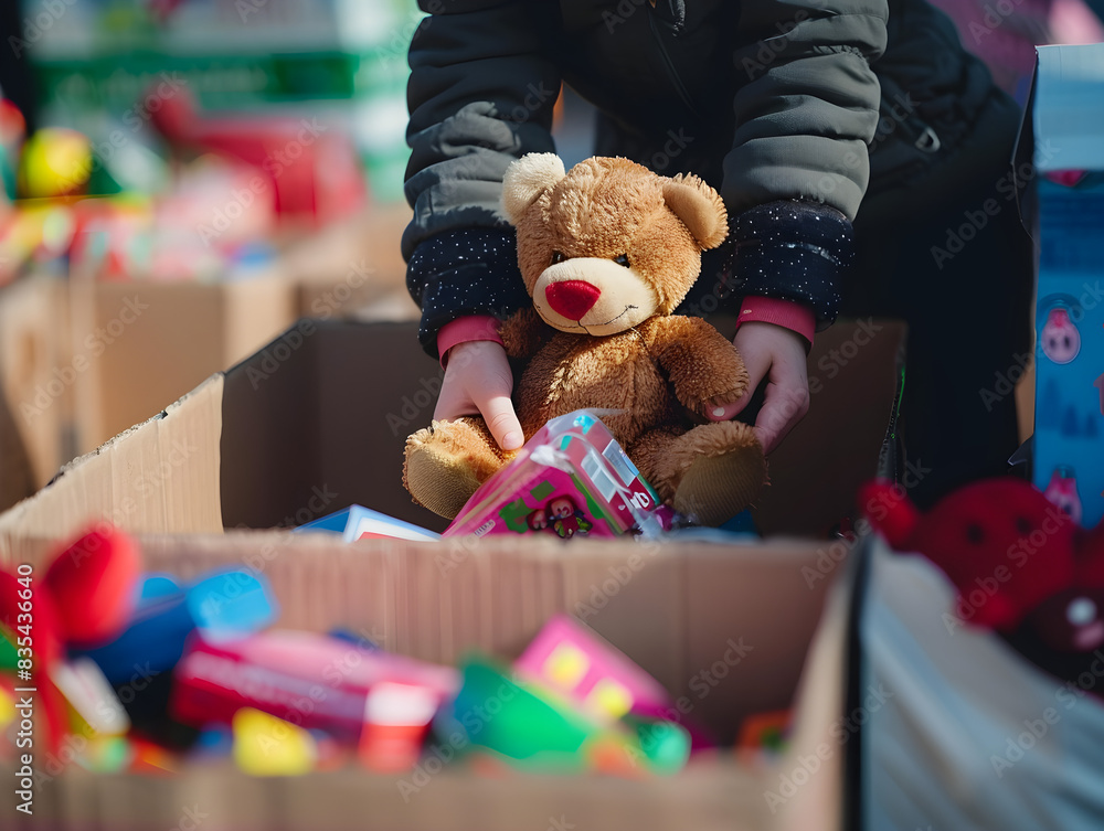 Generous individual dropping off donated toys at a toy drive location, spreading holiday cheer.