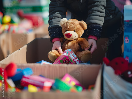Obraz na płótnie Generous individual dropping off donated toys at a toy drive location, spreading holiday cheer. w salonie