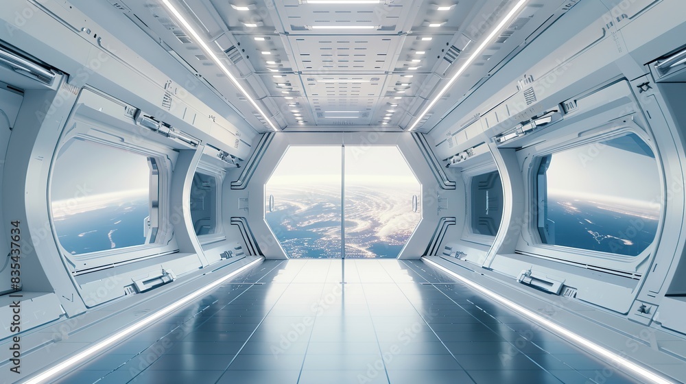 Obraz premium futuristic white space station interior with window view on space and planets 3d rendering