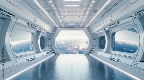Fototapeta Naklejka Na Ścianę i Meble -  futuristic white space station interior with window view on space and planets 3d rendering
