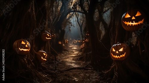 Creepy forest path illuminated by jack-o'-lanterns and ghostly figures lurking in the shadows photo