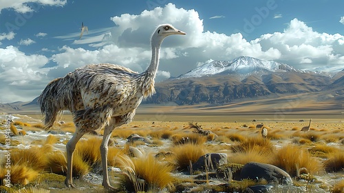 hyperrealistic fossil of a Gallimimus with its ostrichlike appearance and long legs unearthed by archaeologists in a vast plain photo