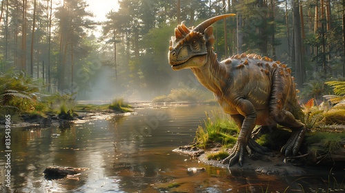 hyperrealistic fossil of a Parasaurolophus with its distinctive head crest unearthed by archaeologists near a peaceful riverbank