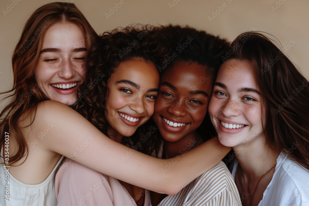 Obraz premium Multicultural girls hugging and smiling in a close-up, showing joy and diversity, with radiant and well-cared skin