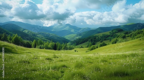 green grassy hills and forest in the background of mountains with clouds, landscape, summer landscape, landscape, photo shoot.