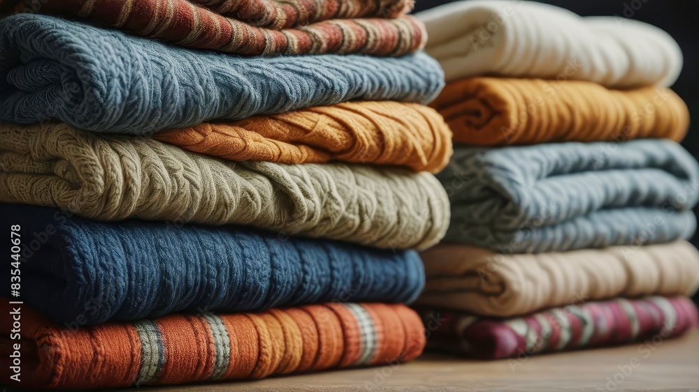 Neatly Folded Stack of Cozy Blankets in Various Colors, Captured from a Mid-Level Angle to Show the Textures and Warmth, Perfect for Creating a Comfortable and Inviting Atmosphere Neatly Folded Stack of Cozy Blankets in Various Colors, Captured from a Mid-Level Angle to Show the Textures and Warmth, Perfect for Creating a Comfortable and Inviting Atmosphere