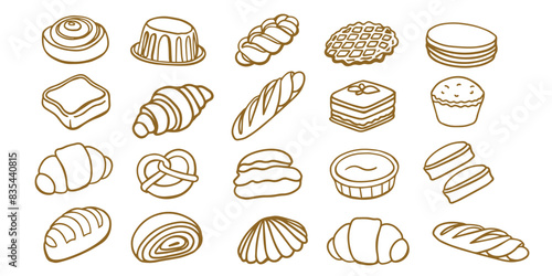 Isolated vector set of Bakery. Hand drawn and chalked cookies, barolls, pies, cakes, pastries, croissants.. Vintage template with pastries sketch. Fresh bakery. Shop. Template.